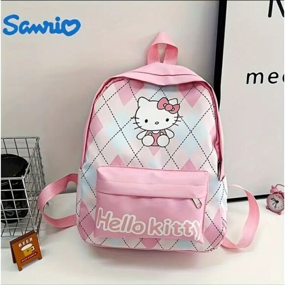 Hello Kitty Pink & Blue Argyle Medium Backpack NEW! - Picture 1 of 7